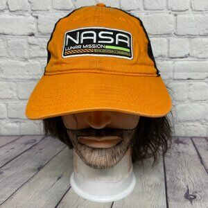 NASA Lunar Mission Trucker hat Mesh Cap Strap Back Orange Black Mad Engine